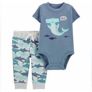 🍊5/$25 Carter's Aqua Shark Print Baby Outfit size 6m